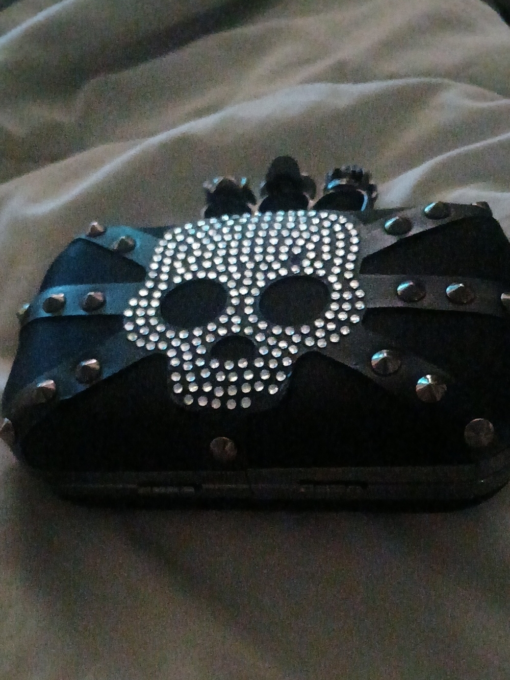Studded Skull Clutch Wallet - Black with Silver Rhinestones